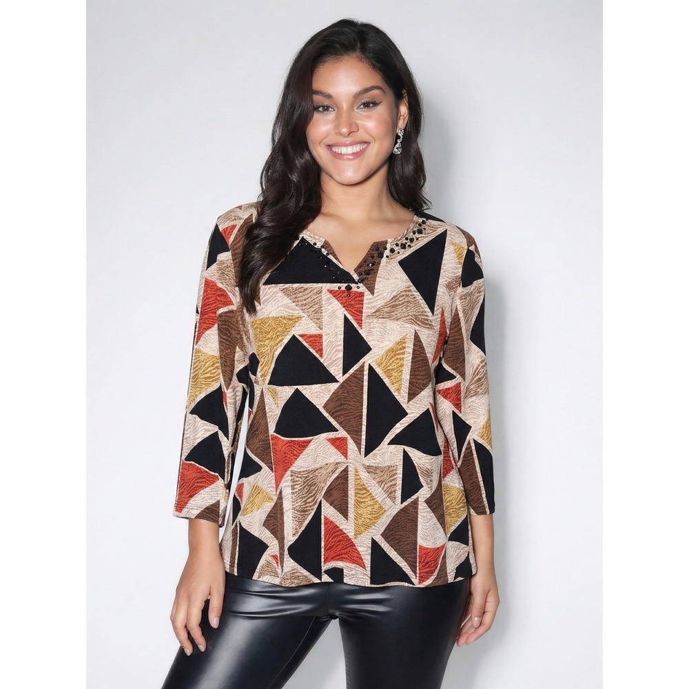Alfred Dunner Womens Geometric Triangle Print Embellished V-Neck Blouse Top L